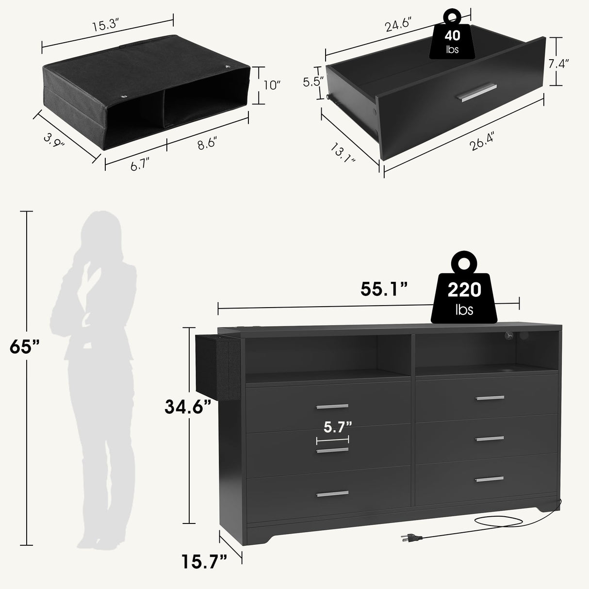 Alohappy 6 Drawer Dresser with Charging Station and LED Lights, Chest of Drawers with Open Storage Cubby, 55" Long Dresser, Modern Wood Dresser for Bedroom, Living Room, Entryway(Black) Alohappy