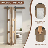 JUBEST Bifold Glass Barn Door, Bi Fold Glass Sliding Barn Door Kit with Hardware Include, 3-Panel Glass Barn Door Slab, Barn Door Hardware for Bedroom, Living Room, Bathroom, Brown (36"x84") JUBEST
