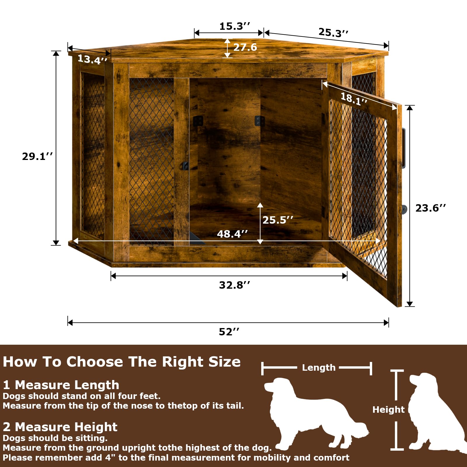 VENDORZ Corner Dog Crate Furniture, 52" Wooden Dog Kennel Furniture End Table with Mesh, Dog Kennel Indoor Furniture for Small Medium Large Dogs, Modern Decorative Wood Pet House Dog Cage Cra - WoodArtSupply