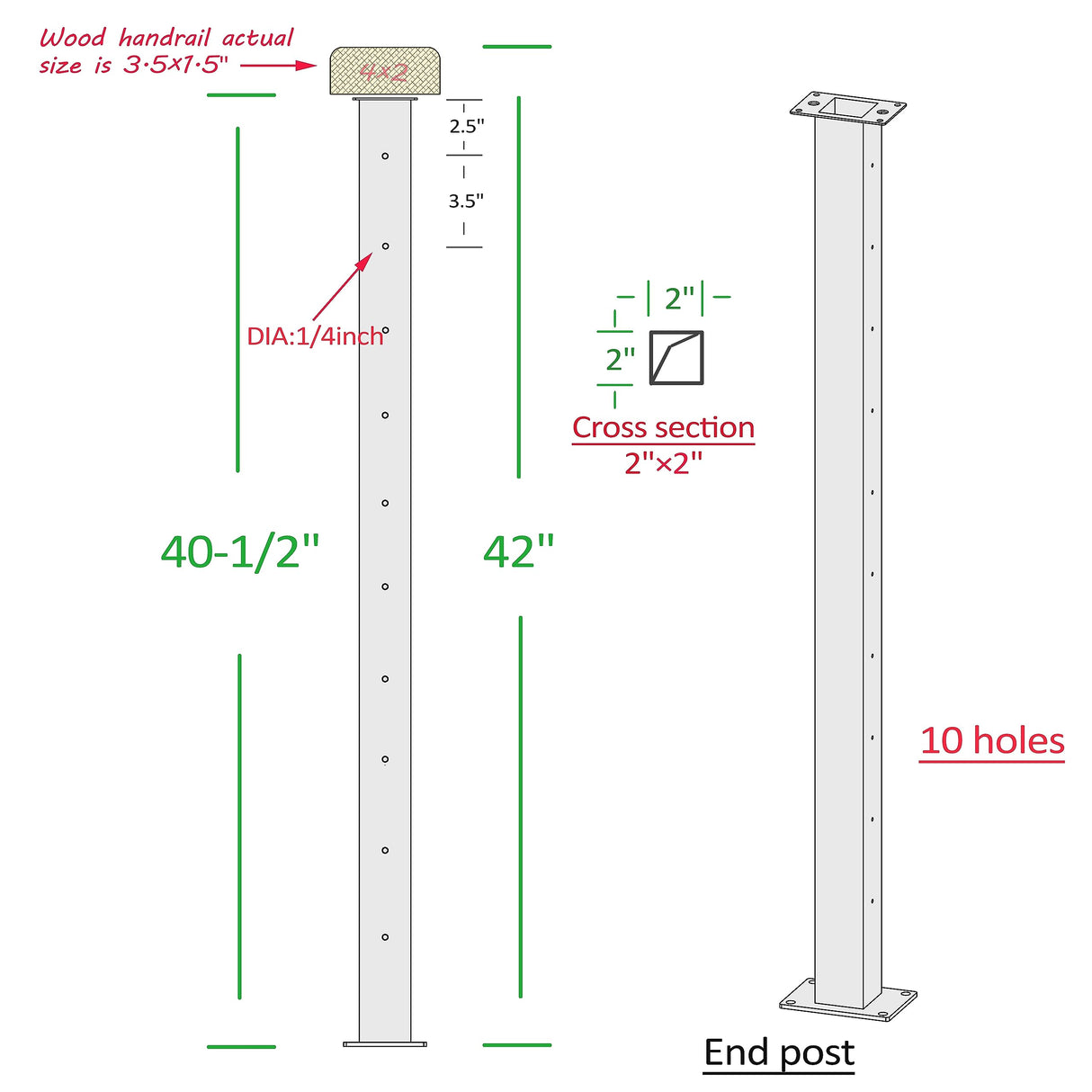 Mayset 2 Pack Stainless Steel 42" Cable Railing Posts(Post: 40.5"x2"×2") with 1/8 Cable Railing Kit, Level drilled Post (40-1/2 Inch) Mayset
