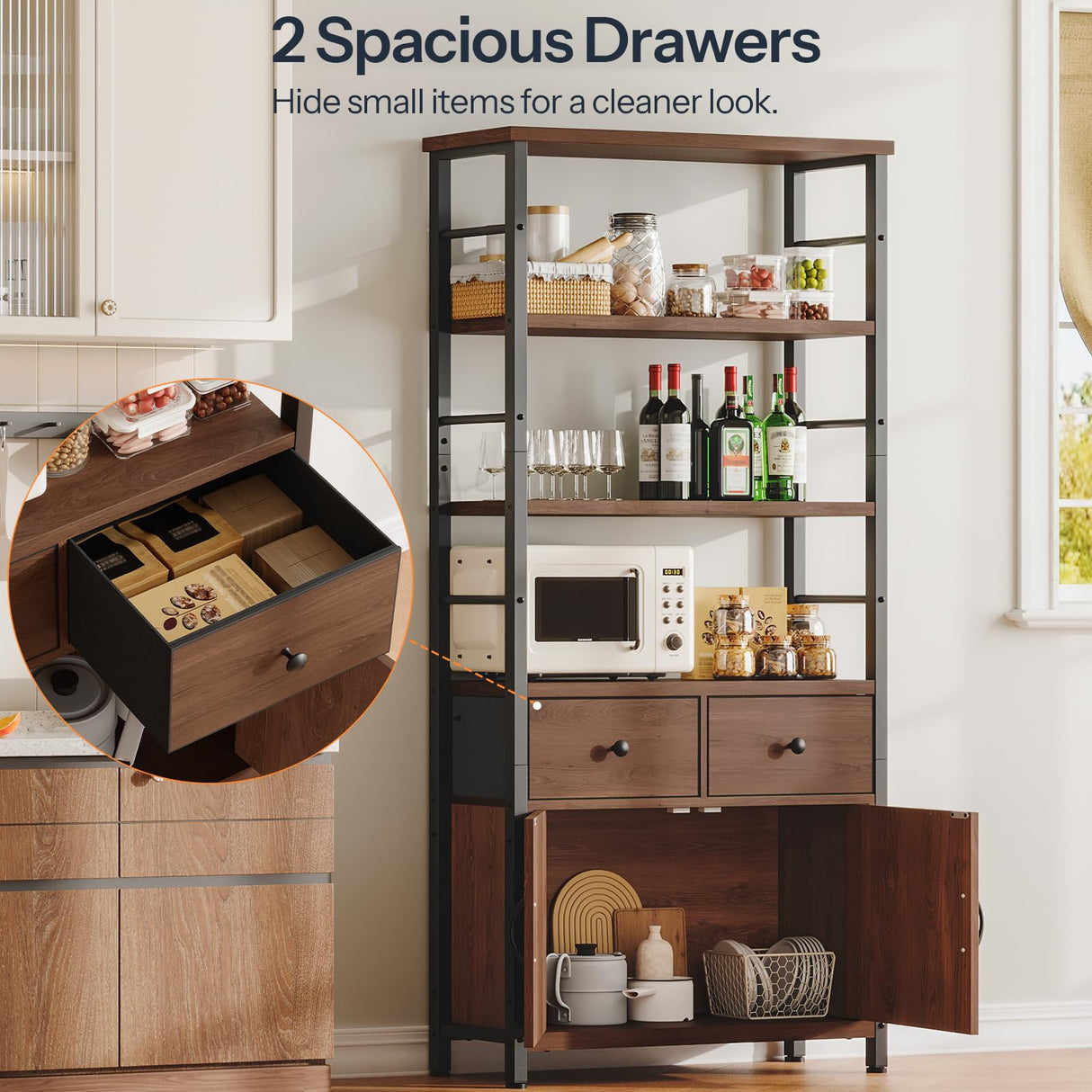 HOOBRO Bookshelf with Doors, Rustic Bookshelf with Drawers, Industrial Display Standing Shelf Units, Wooden and Metal Storage Shelf for Living Room, Home Office, Dining Room, Walnut and Black BH75SJ01 HOOBRO