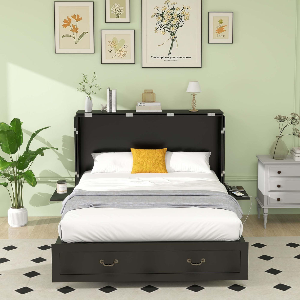 TemkTuek Queen Size Murphy Bed Cabinet with Drawers Storage & USB Charging Station, Space-Saving Hideaway Bed for Guest Room & Small Bedroom 84" L x 60" W x 44" H Black-7(NOT Included Mattress) TemkTuek