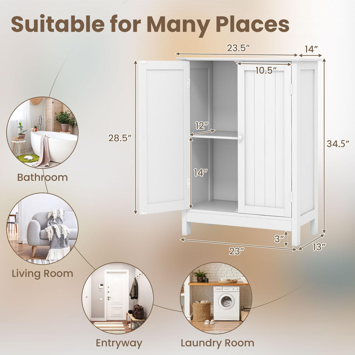 COSTWAY Bathroom Storage Cabinet, Freestanding Bathroom Organizers and Storage with Doors & Adjustable Shelf, Wooden Floor Cabinet for Home, Living Room, Entryway, Kitchen (White) COSTWAY