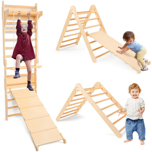 Homfstyi Swedish Ladder for Kids, 7 in-1 Swedish Ladder Wall Gym, Montessori Pikler Triangle Climbing Set with Slides, Climbing Wall and Pull-up Bar, Wooden Indoor Jungle Gym for Toddlers 2-6 Years