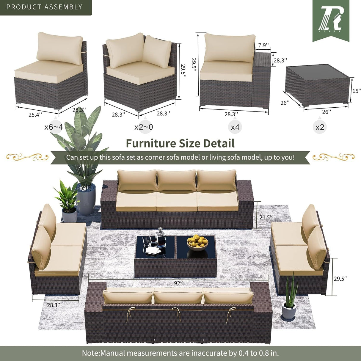 RTDTD Outdoor Patio Furniture Set, 12 Pieces Outdoor Furniture All Weather Patio Sectional Sofa PE Wicker Modular Conversation Sets with Coffee Table,10 Chairs & Seat ClipsBrown. RTDTD