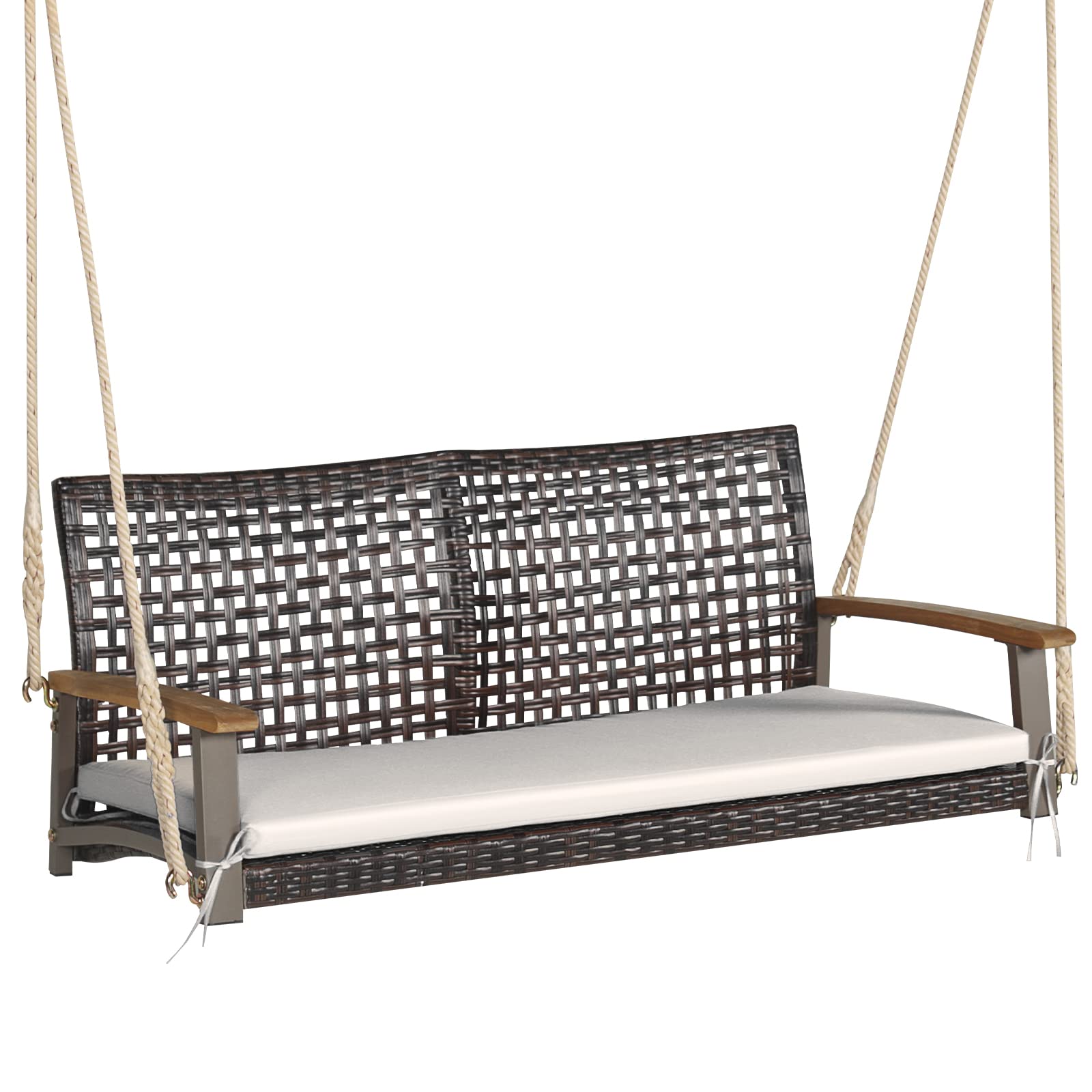 Tangkula 2 Person PE Wicker Porch Swing Bench, Outdoor Hanging Swing with Soft Seat Cushion and Hanging Ropes(Length of 118" for Each Chain), 800 LBS Weight Capacity - WoodArtSupply