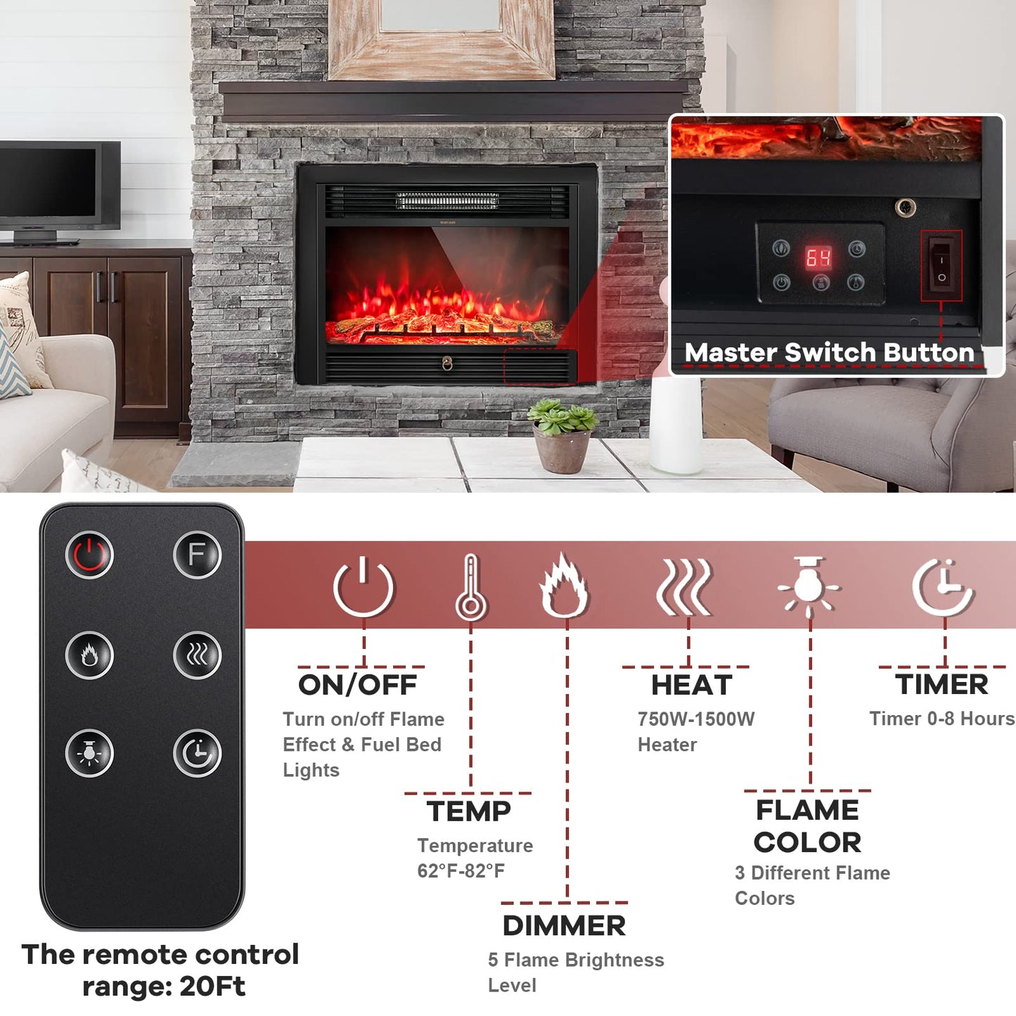 GLACER 28.5'' Electric Fireplace Insert, Recessed & Freestanding with Adjustable Flame Color Timer, Indoor Heater w/Remote Control (750W/1500W) Black…