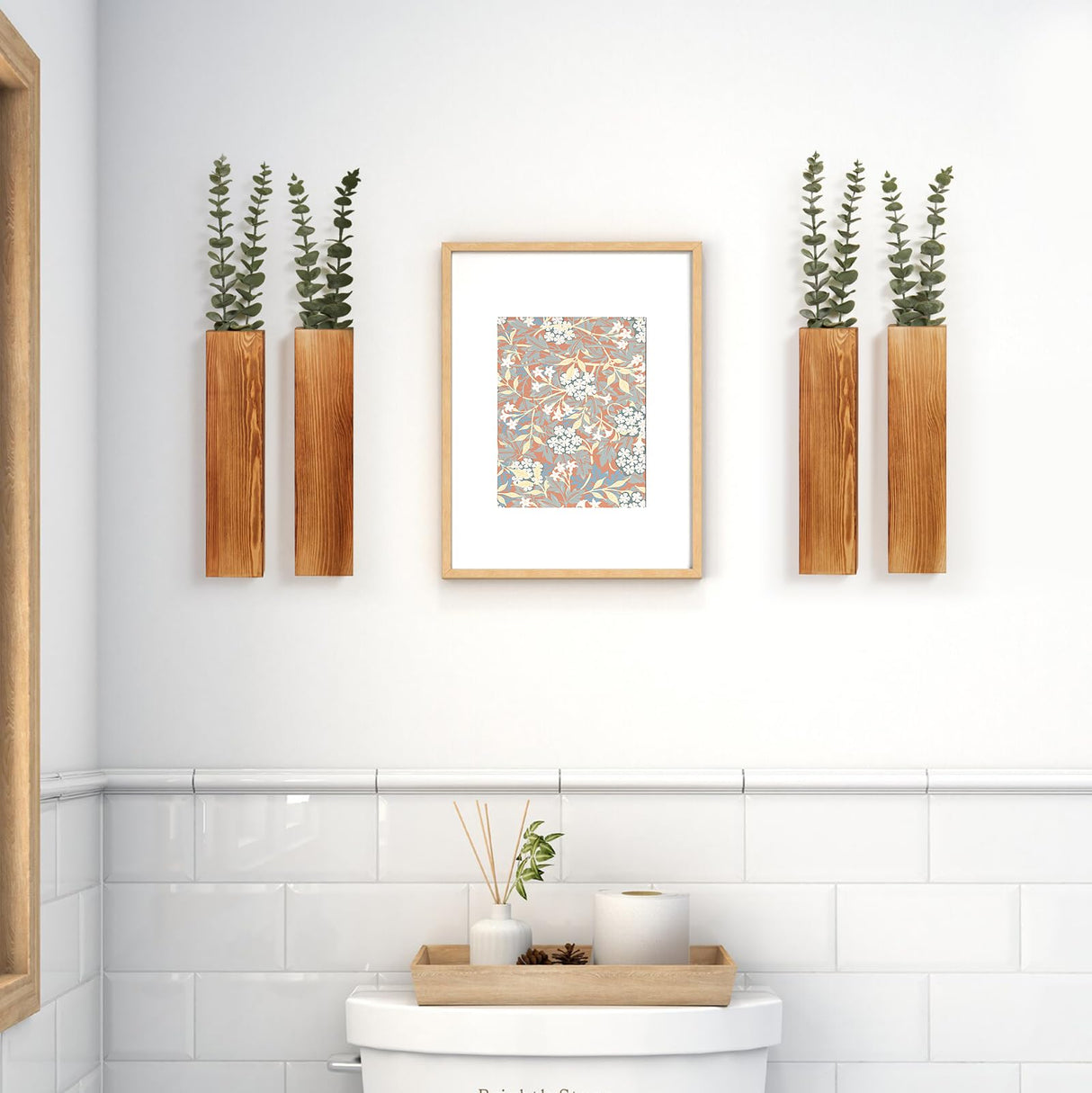 Mokof Wood Wall Planters with Artificial Eucalyptus, Modern Farmhouse Wall Decor for Living Room, Bedroom, Bathroom, Wooden Pocket Hanging Wall Vase with Faux Plant Decor (4 Pack) Mokof