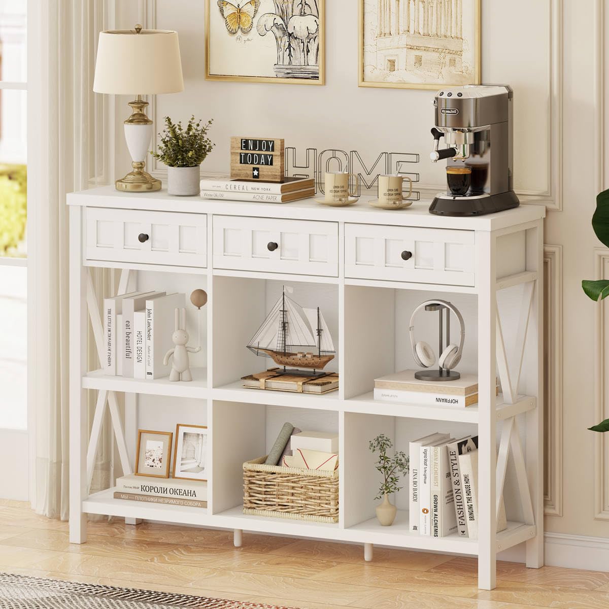 FATORRI 6 Cube Storage Bookshelf with 3 Drawers, Long Horizontal Bookcase, Modern Cubby Organizer Shelf (White Oak, 47 Inch) FATORRI