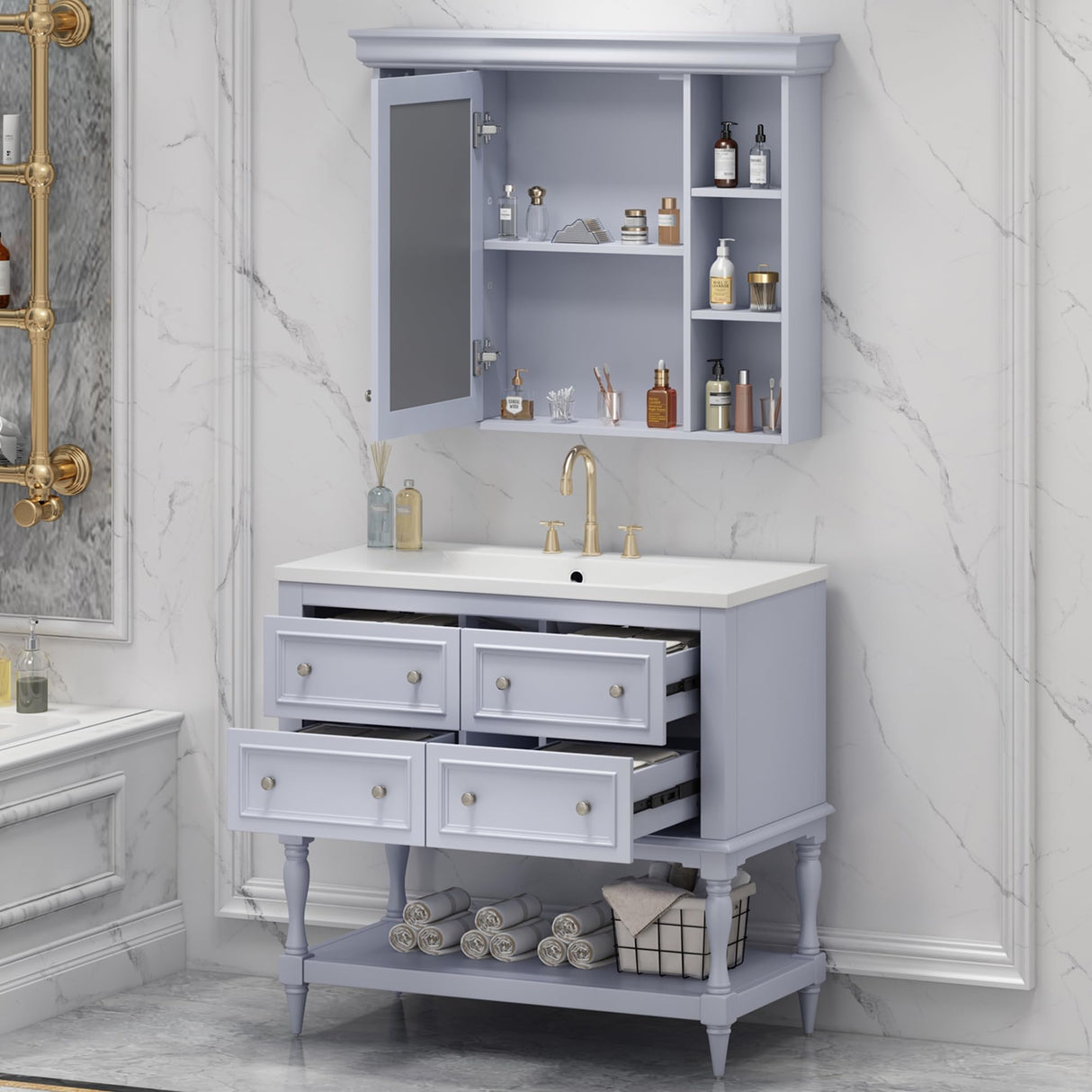 Merax Country 36" Bathroom Vanity with Matching Medicine Cabinet, Farmhouse Bathroom Vanity with Sink Storage Cabinet with 4 Drawers and Open Shelf, Solid Wood Frame Bath Storage Vanity Merax
