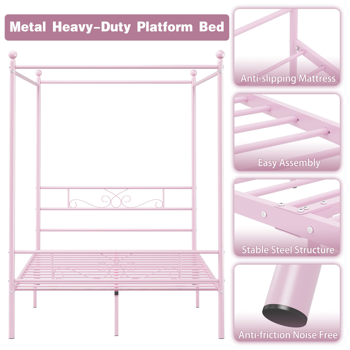 Weehom Full Canopy Bed Frame with Headboard and Footboard, 4 Posters Metal Bed Frame, No Box Spring Needed, Mattress Foundation Platform Bed for Kids and Adults, Pink Weehom