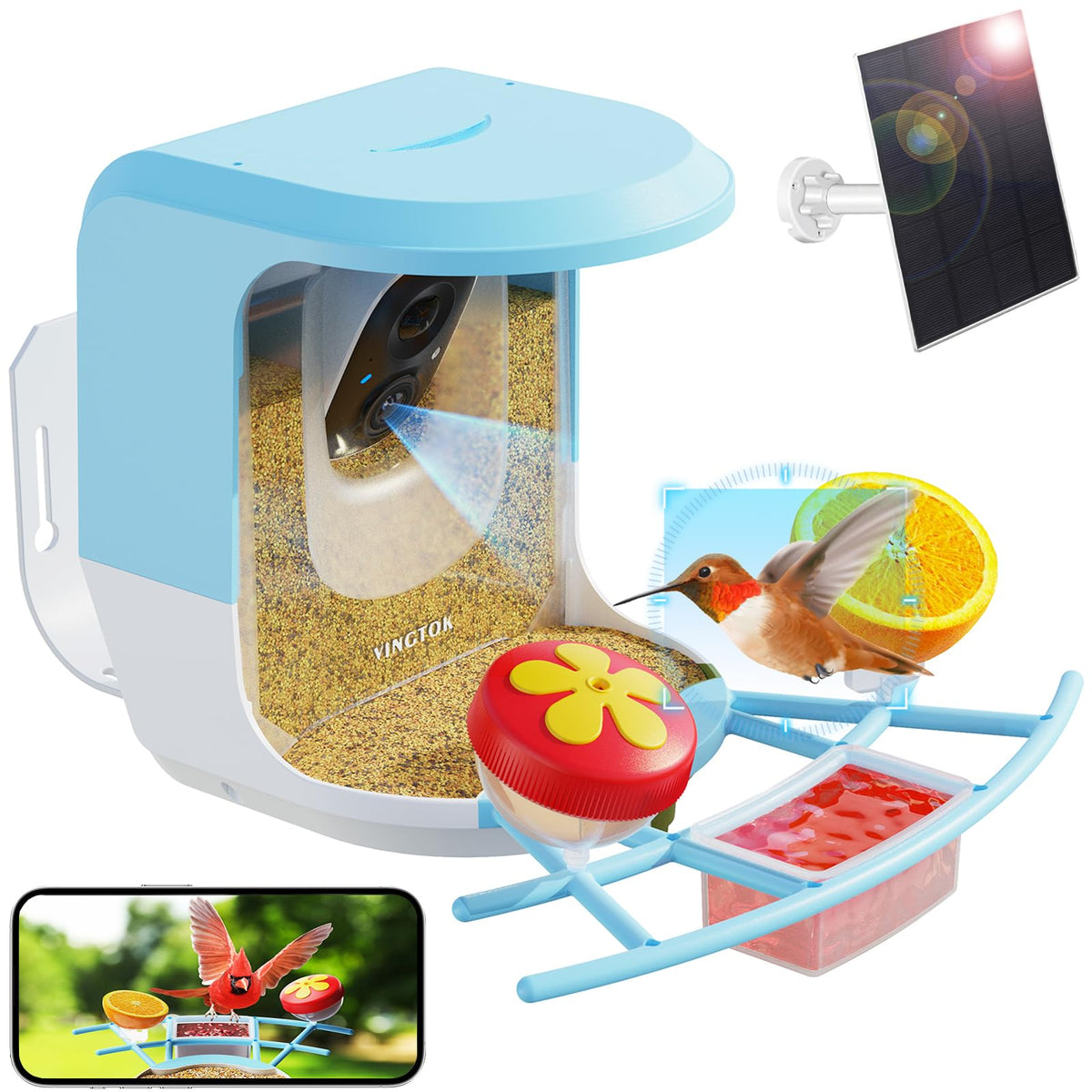 Vingtok Smart Bird Feeder with Camera, Outdoor Bird Watching Camera House with Solar Powered, Full HD AI Identify Camera DIY Wild Birdfy Feeder, Auto Capture Video & Real Time Views for Bird Lovers Vingtok