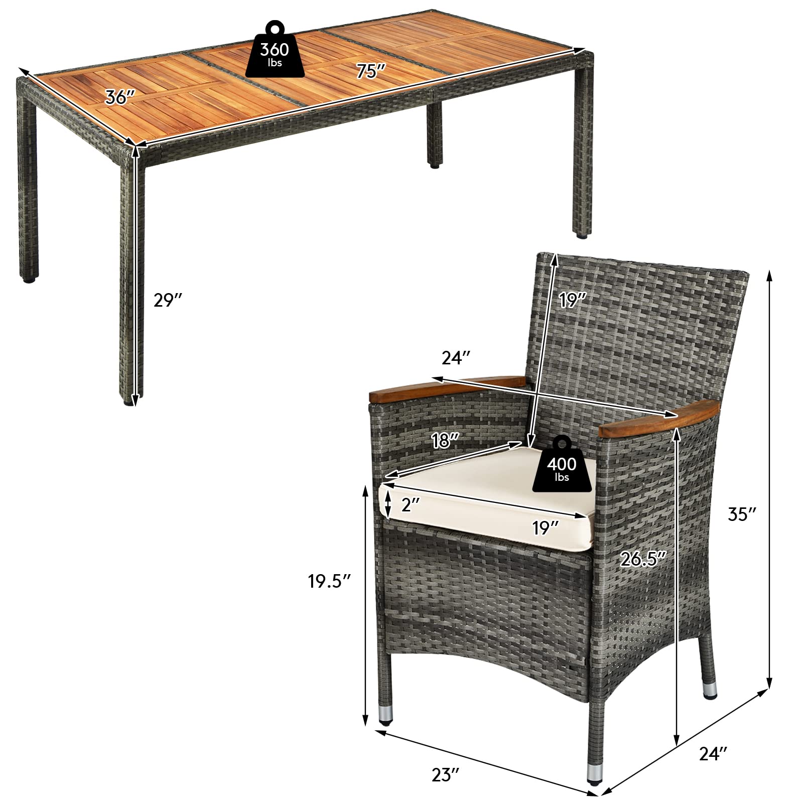 COSTWAY 9PCS Patio Rattan Dining Set Acacia Wood Table Cushioned Chair Mix Gray - WoodArtSupply