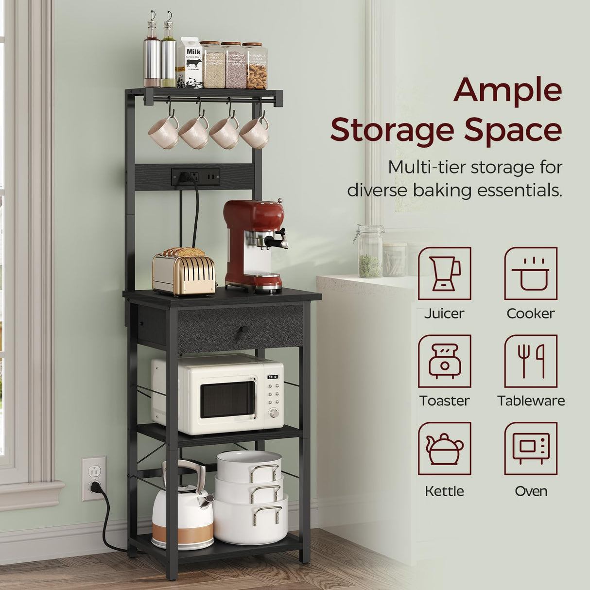 MAHANCRIS Bakers Rack with Drawer, Microwave Stand with Power Outlet, Coffee Bar Station with 4 Hooks, Kitchen Storage Shelf Rack 4 Tiers, for Kitchen, Dining Room, Black BRBK48E01 MAHANCRIS