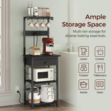 MAHANCRIS Bakers Rack with Drawer, Microwave Stand with Power Outlet, Coffee Bar Station with 4 Hooks, Kitchen Storage Shelf Rack 4 Tiers, for Kitchen, Dining Room, Black BRBK48E01 MAHANCRIS