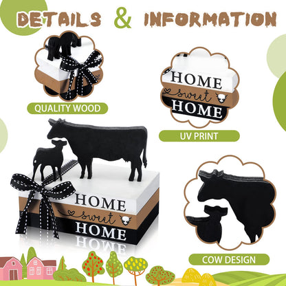 Geetery 5 Pcs Wood Farm Decor Farmhouse Sign Farm Home Tiered Tray Decor Rustic Mini Wood Book Stacks Table Decorations for Home Living Room Table Sign (Cow)