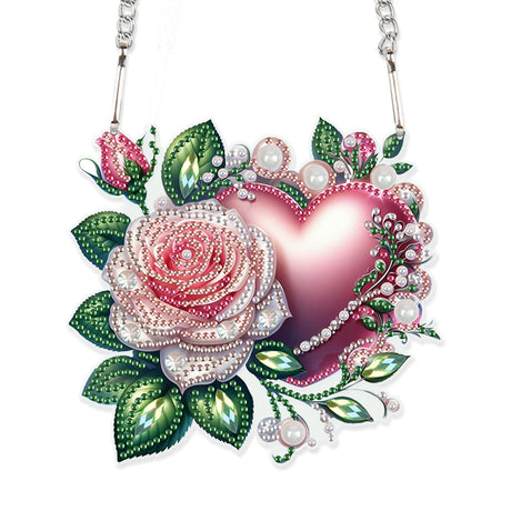 AiYuanzsh 5D Diamond Painting Hanging Pendant, DIY Rose and Heart Diamond Art Kit for Adults, Crystal Rhinestone Window Decoration, Wall and Home Ornament Gift AiYuanzsh