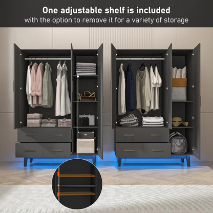 Hlivelood 3 Door Armoire Wardrobe Closet Cabinet with Drawers and LED Lights, Multi-Tier Shelves, Hanging Rod & 3 Louver Doors, Large Capacity Storage Wardrobe Armoire for Bedroom, Black - WoodArtSupply