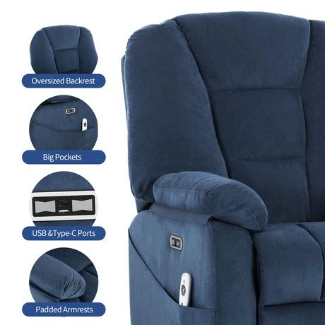 Sftaiyou Power Swivel Rocker Recliner Chair for Adults,Rocking Recliners Chairs with Massage and Heat for Living Room, Electric Fabric Reclining Sofa Chair with USB and Type-C Port (Blue) Sftaiyou