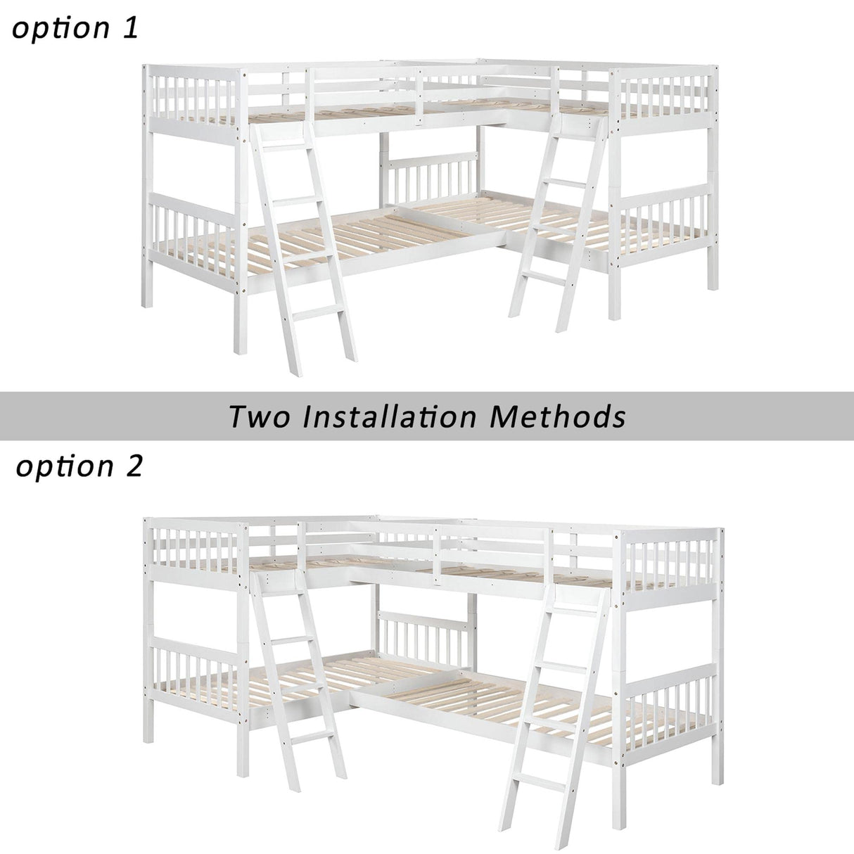 Four Bed, Twin Over Twin L-Shaped Bunk Bed with 2 Ladders, Wooden Corner Bunk Beds for 4 Person, Quad Bunk Bed with Angle Ladder and Guardrail for Children Teens Adults, No Box Spring Needed,White TRIPLE TREE