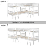Four Bed, Twin Over Twin L-Shaped Bunk Bed with 2 Ladders, Wooden Corner Bunk Beds for 4 Person, Quad Bunk Bed with Angle Ladder and Guardrail for Children Teens Adults, No Box Spring Needed,White TRIPLE TREE