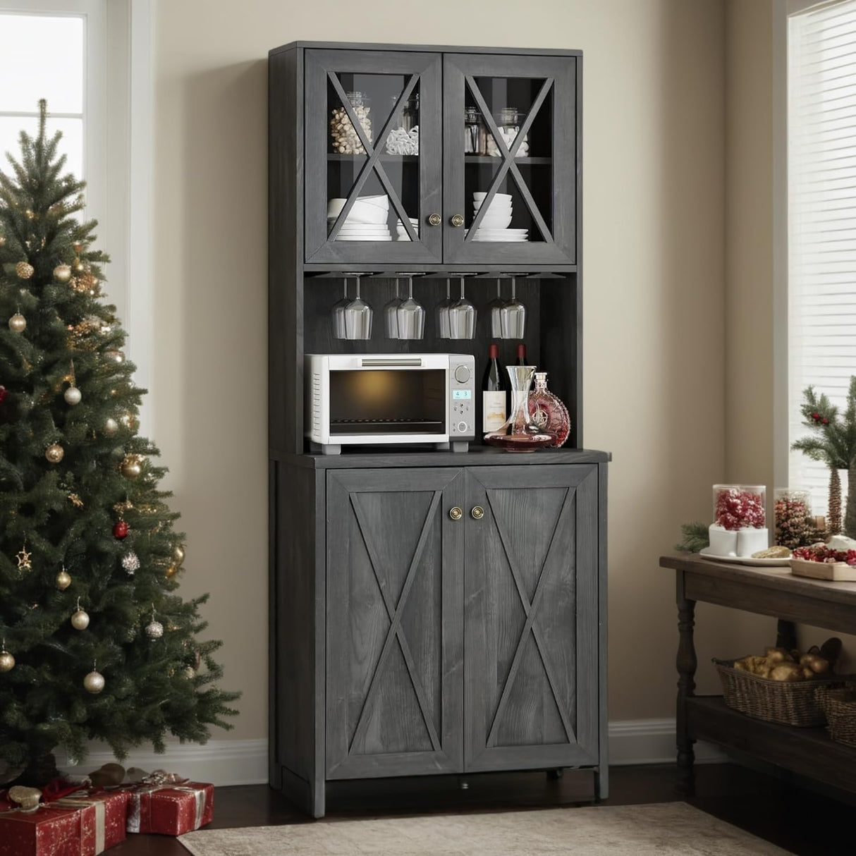 DWVO Farmhouse Kitchen Pantry Cabinet, 67" Tall Storage Cabinet w/Acrylic Glass Doors and Glass Holder, Versatile Storage for Living Room, Dining Room or Hallway, Charcoal Grey DWVO