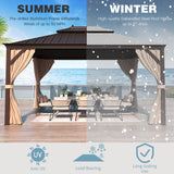 MELLCOM 10' x 12' Hardtop Gazebo, Brown Permanent Pavilion Gazebo with Curtains and Netting, Galvanized Steel Metal Double Roof Aluminum Gazebo with Aluminum Frame for Patio, Lawn & Garden MELLCOM