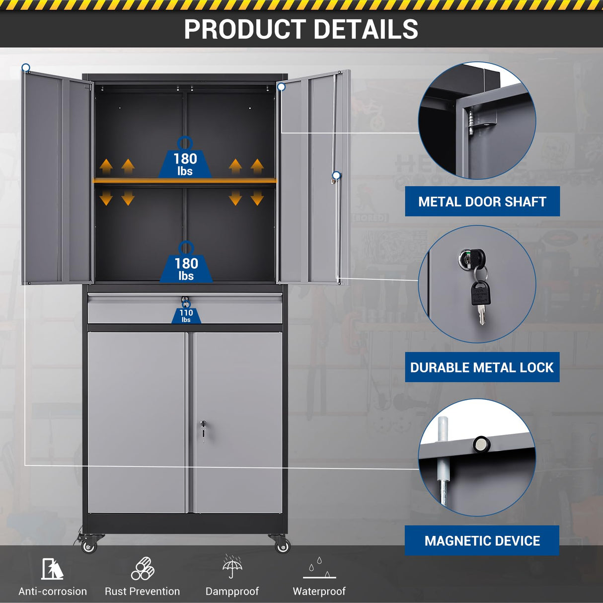 Fesbos 73" Metal Cabinet-Black&Gray Heavy Duty Rolling Storage Cabinet Steel Tool Cabinets with Wheels, Shelves, Lockable Doors and Drawers- for Garage, Pantry, Warehouse - Assembly Required Fesbos