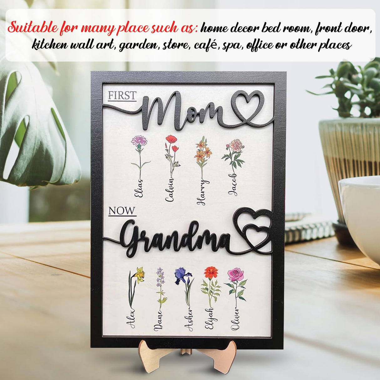 First Mom Now Grandma Customized Birth Month Flower Wooden Plaque, Personalized Mothers Day Gifts, Mother's Day Gift, Gift for Mom, Grandma's Gift, V-DECORPARKS