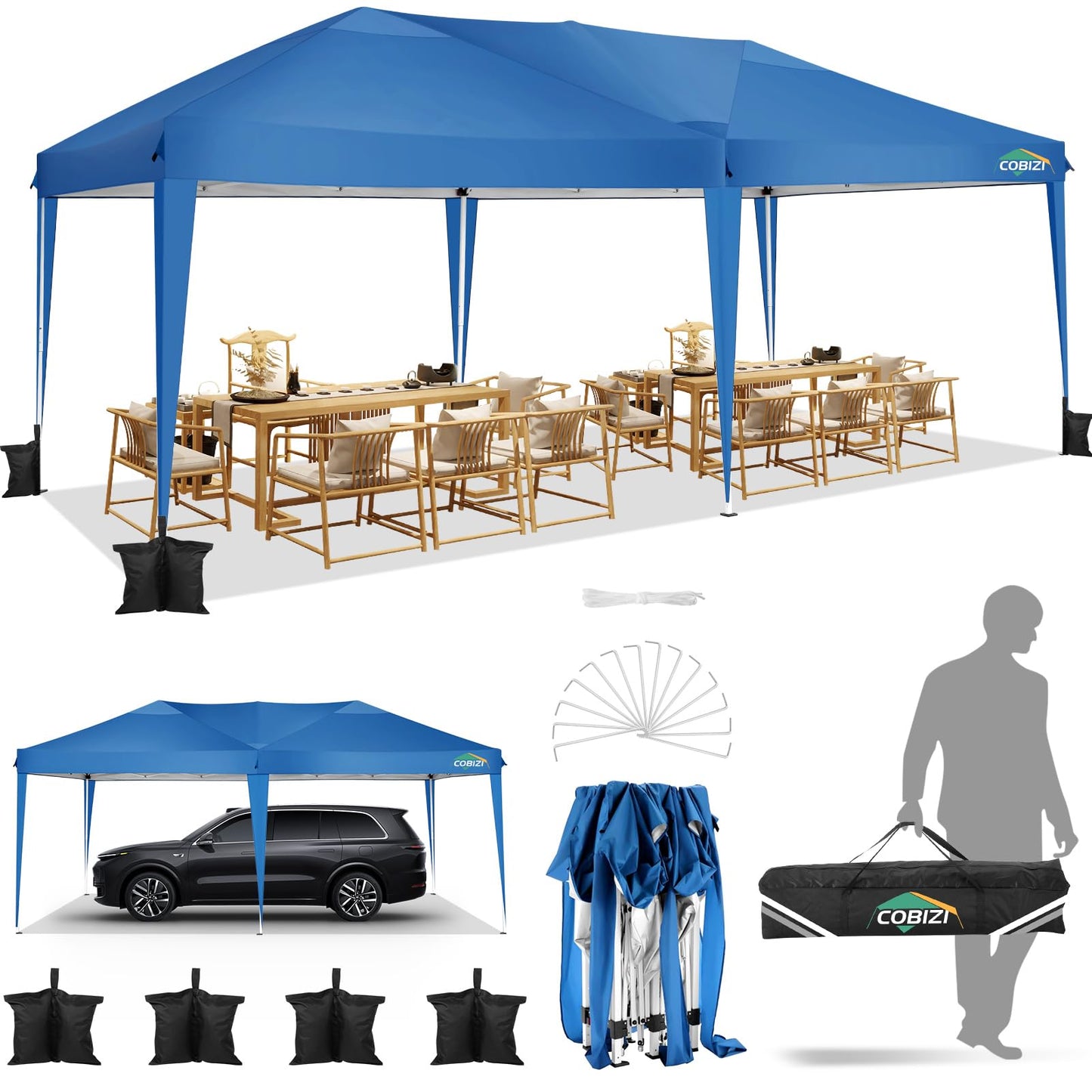 COBIZI Canopy 10x20 Pop Up Canopy Tent 10x20ft Waterproof Party Tent Ez Up Canopy Tents for Parties Wedding Outdoor Commercial Event Gazebo Portable Instant Tent for Backyard Camping Carport, - WoodArtSupply