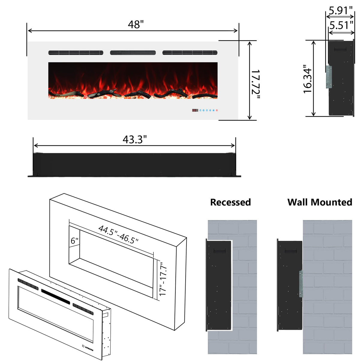 Velaychimney Electric Fireplace, 48" Wall Mounted Electric Heater with/Thermostat, Adjustable Flame & Bed Color, Timer, Remote & Touch Screen Control, 750/1500W, Log/Crystal, White Velaychimney