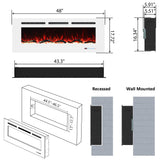 Velaychimney Electric Fireplace, 48" Wall Mounted Electric Heater with/Thermostat, Adjustable Flame & Bed Color, Timer, Remote & Touch Screen Control, 750/1500W, Log/Crystal, White Velaychimney