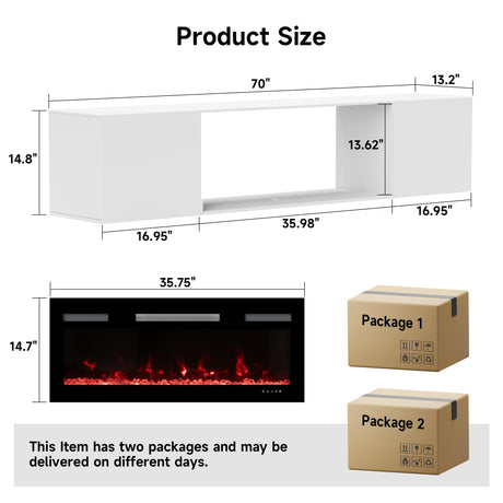 DOVELF 70" Floating TV Stand with 36" Electric Fireplace & LED Lights, Wall Mounted High Gloss Finish Entertainment Center with Storage Cabinets for TVs Up to 80" White DOVELF