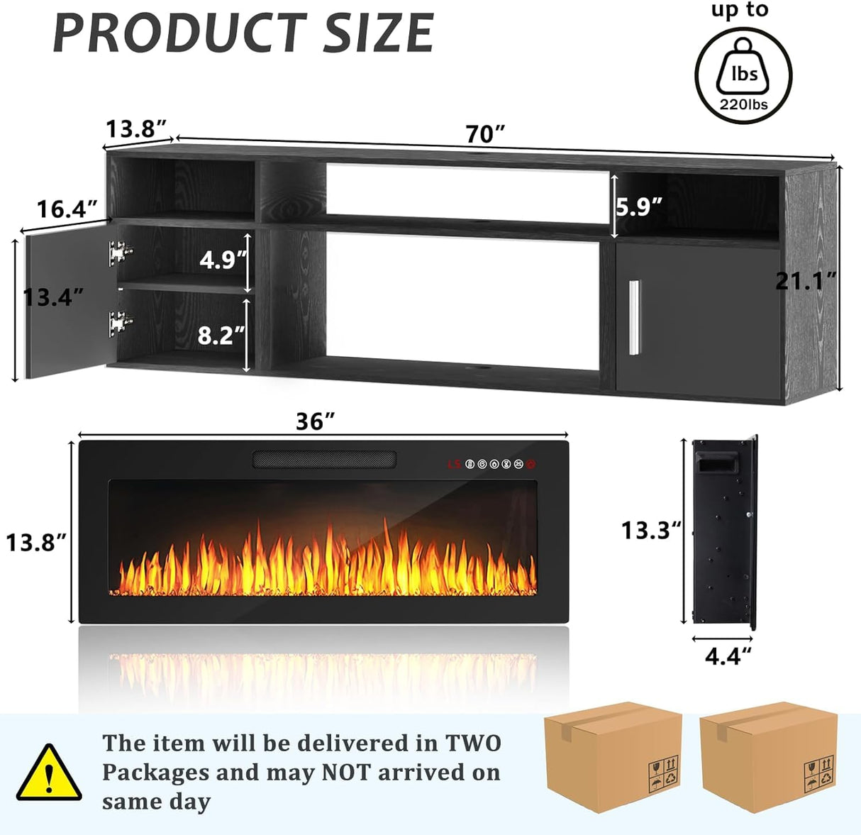 PUKAMI 70" Floating TV Stand with 36" Electric Fireplace,Wall Mounted Fireplace Entertainment Center with LED Lights and Highlight Storage Cabinet for TVs up to 80", for Living Room (Black) PUKAMI