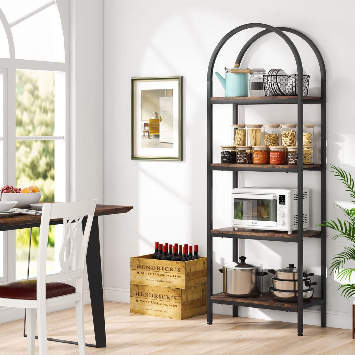 Tribesigns 4-Tier Industrial Arched Bookshelf in Rustic Brown - Freestanding Metal Frame Storage Rack Tribesigns
