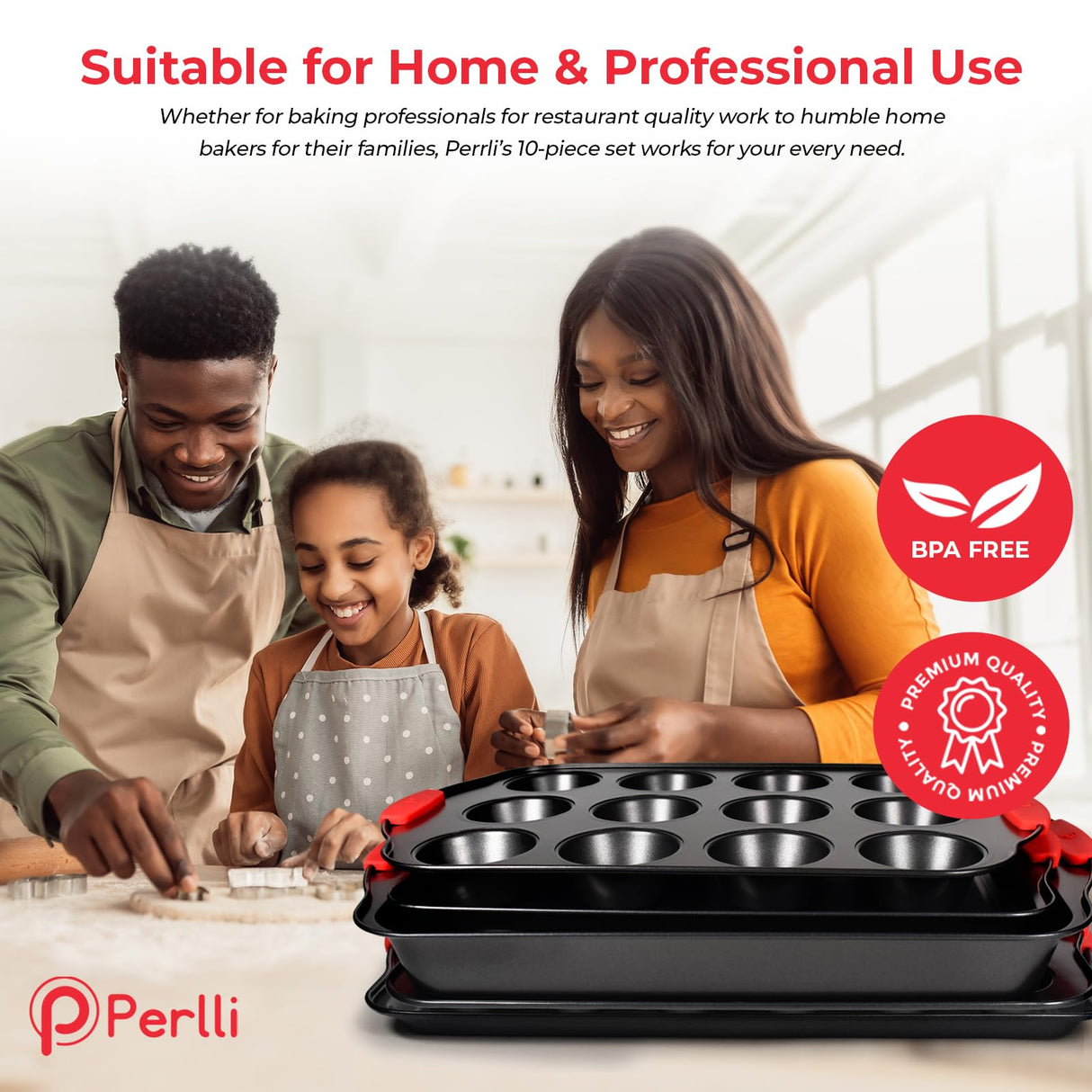 PERLLI Non-Stick 10-Piece Baking Pan Set, BPA-Free Carbon Steel Bakeware Set with Silicone Handles, Stackable Kitchen Oven Set, Cookie Sheet, Baking Tray, Baking Sheet Set, Oven Safe (446°F) PERLLI
