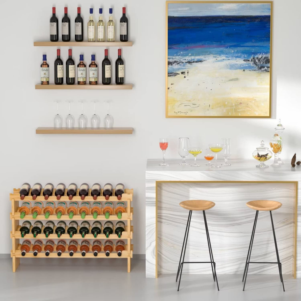 Domax Wine Rack Freestanding Floor - 36 Wine Bottle Holder, Large Stackable Wooden Storage Racks for Inside Cabinet and Countertop (Yellow) Domax