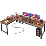 Huuger 63 Inch L Shaped Desk with Power Outlets and USB-C Port, 0.95 Inch Thicker Desktop, Reversible Computer Desk, Larger Office Corner Gaming Desk, Metal Frame, for Home Office, Study, Rustic Brown Huuger