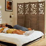 Room Divider Wood Carved Wall Divider Indoor Folding Portable Partition Screen for Home Office Garden Terrace - 4 Panel, 67 * 60inch (Dark Brown) Svimi
