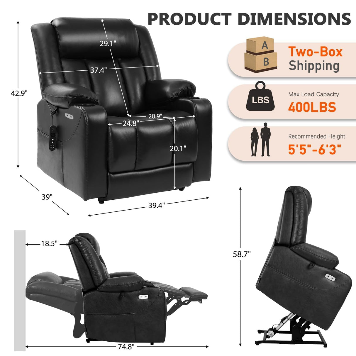 EONIX Dual Motor Oversized Power Lift Recliner Chair for Elderly, 400lbs Heavy Duty Faux Leather Recliner with Massage and Heat, Lay Flat Big and Tall Lift Chair with Cup Holders, Black EONIX