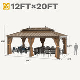 DWVO 12x20 ft Hardtop Gazebo Outdoor Heavy Duty Aluminum Gazebo with Nettings and Curtains, Combined of Horizontal and Vertical Stripes Roof for Patio, Backyard, Deck, Lawns and Balcony, Bronze DWVO