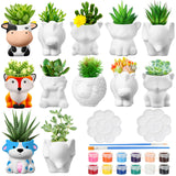 Hushee 12 Sets DIY Ceramic Succulent Pots Ready to Paint Animal Planters Unpainted Plant Flower Pots Bulk with Drainage Hole and Bisque Paint for Kids Adults Craft Christmas Hushee