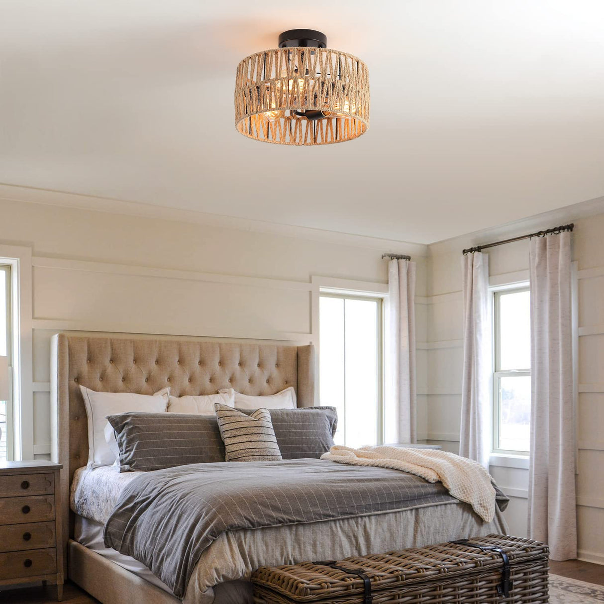 Hchunqjor 3-Light Coastal Woven Flush Mount Light Fixture Boho Rustic Hemp Rope Drum Semi Flush Mount Ceiling Light for Hallway Bedroom Kitchen Entryway Farmhouse Living Room, Black Hchunqjor