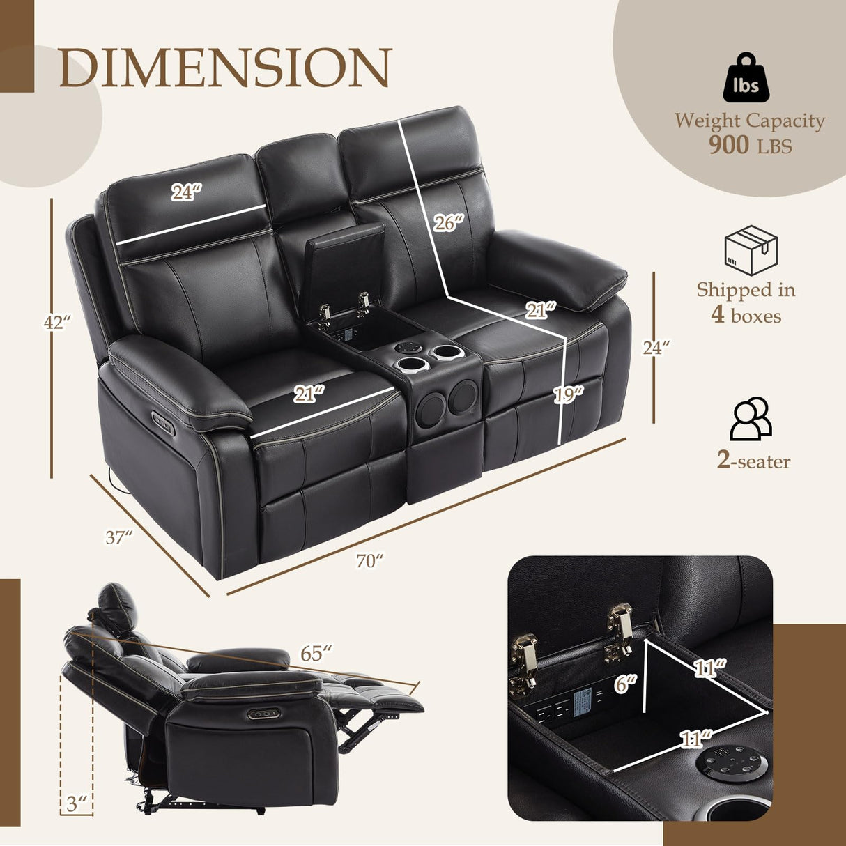 Neptane Power Reclining Loveseat with LED Reading Light/Storage Drawer/Bluetooth Speakers, Power Loveseat Recliner Sofa, Wall Hugger Reclining Loveseat with Outlets(Black, 2 Seat with Console) Neptane