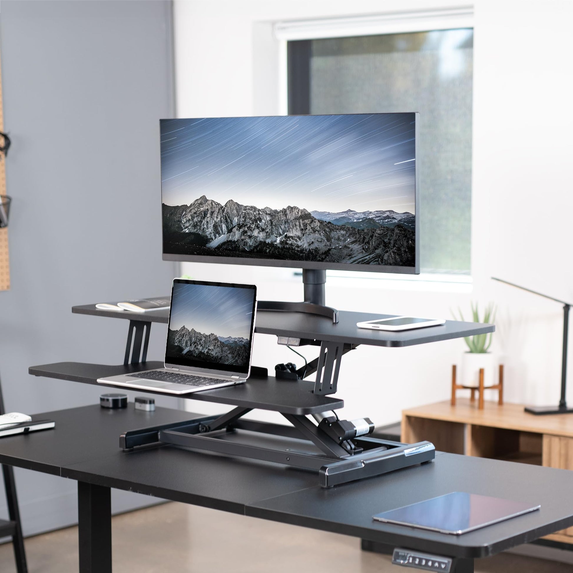 VIVO 42 inch Electric Motor Desk Converter, Height Adjustable Riser, Sit to Stand Dual Monitor and Laptop Workstation with Wide Keyboard Tray, Black, DESK-VE42B - WoodArtSupply