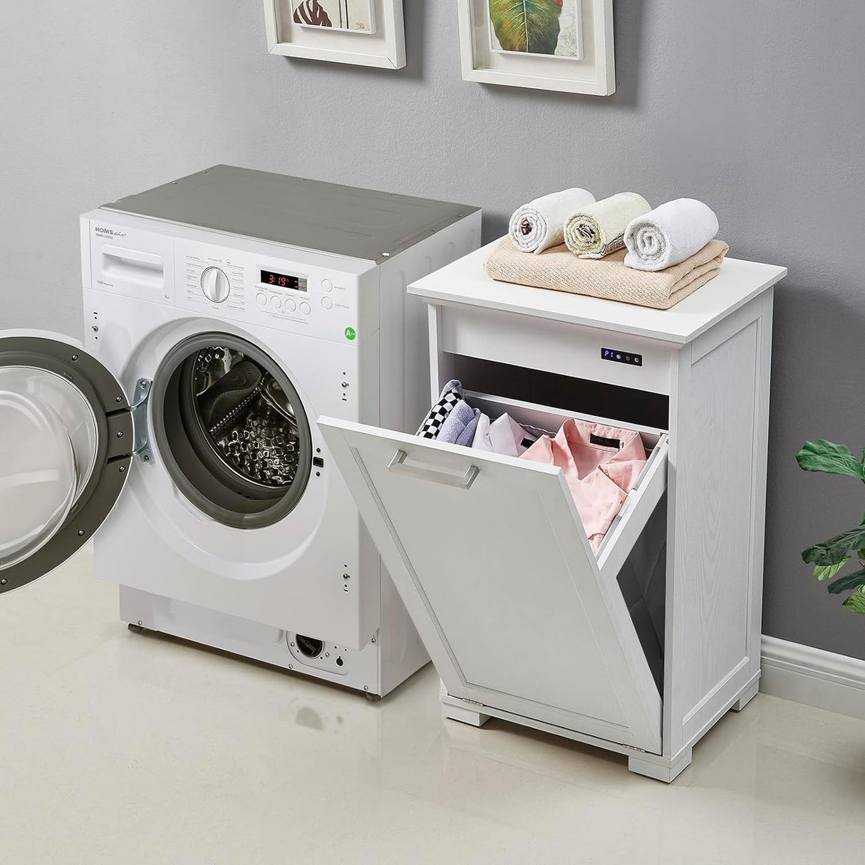 Smhxo Tilt Out Trash Cabinet, Wooden Kitchen Trash Can Cabinet with Deodorising Function, 10 Gallons Hidden Laundry Sorter Cabinet, White Smhxo