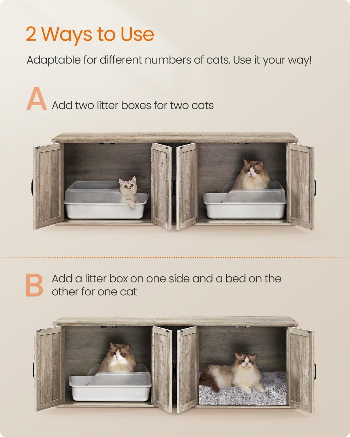 Feandrea Double Cat Litter Box Enclosure, Modern Cat Litter Box Furniture Hidden for 2 Cats, Front Entry, Cat House, Side End Table, TV Stand, 59 x 19 x 19.5 Inches, Heather Griege UPCL010G01 Feandrea