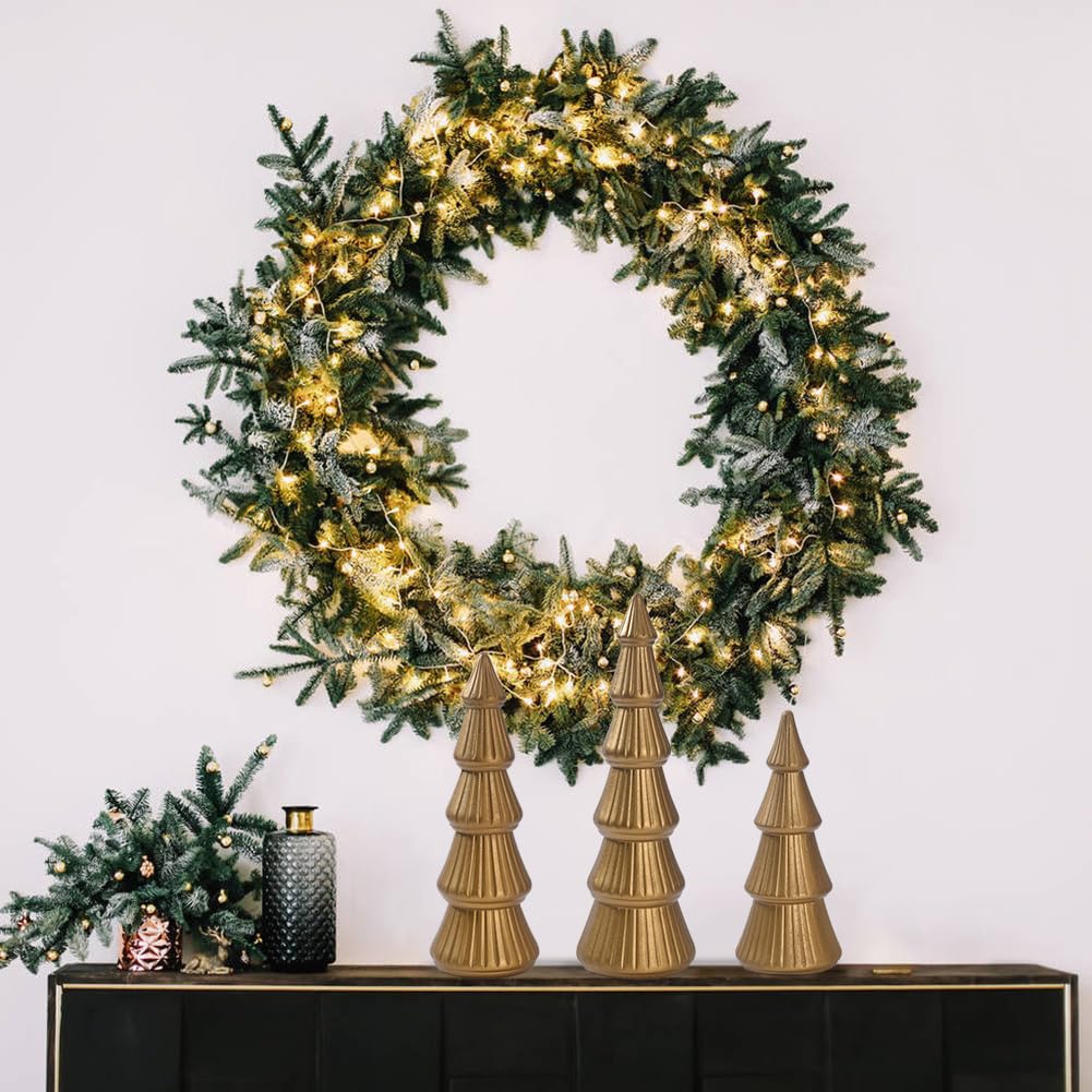 Wooden Christmas Tree, Set of 3 Tabletop Tree Figurine Wood Desk Centerpieces Table Tree Decoration Festive Ornament for Accents Xmas Mantel Shelf Home Decor Holiday Party Indoor Outdoor (Gold) IDATOO