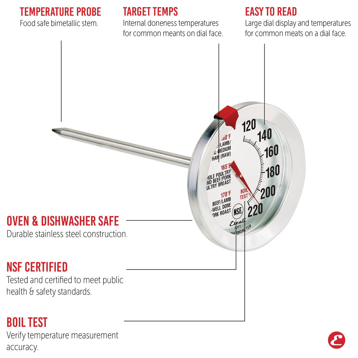 Escali AH1 Stainless Steel Oven Safe Meat Thermometer, Extra Large 2.5-inches Dial, Temperature Labeled for Beef, Poultry, Pork, and Veal Silver NSF Certified Escali