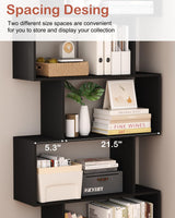 Yusong Bookshelf 5-Tier, Geometric Bookcase S Shaped Book Shelves for Bedroom, Modern Wood Decorative Display Shelf Book Case for Home Office, Black Yusong
